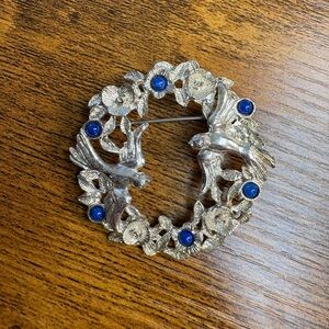 Vintage Silvertone Floral Bird Brooch with Blue Accents